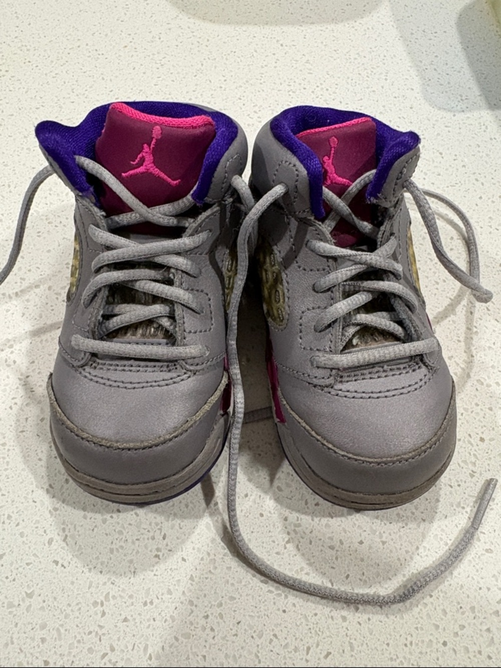 Kids Gray and Pink Jordan shoes